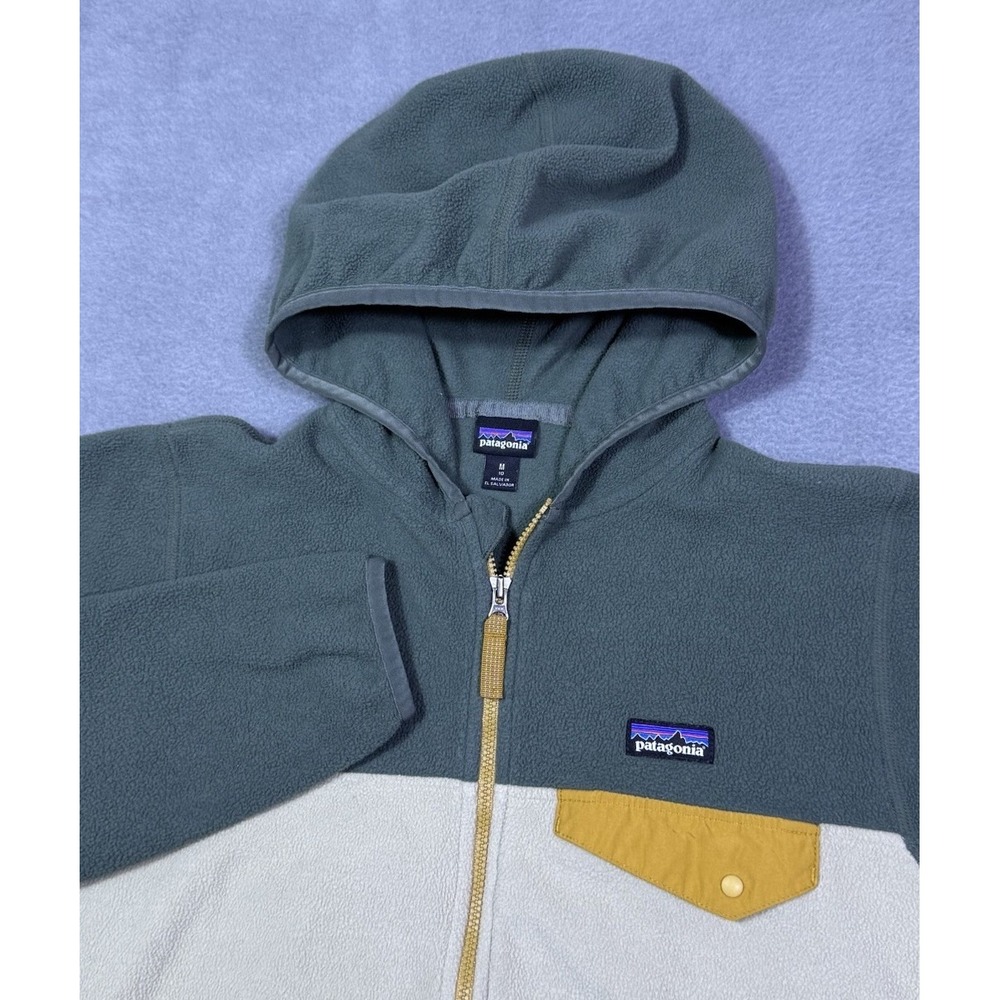 Patagonia Jacket Kids M 10 Full Zip Hooded Fleece Colorblock Green Cabincore